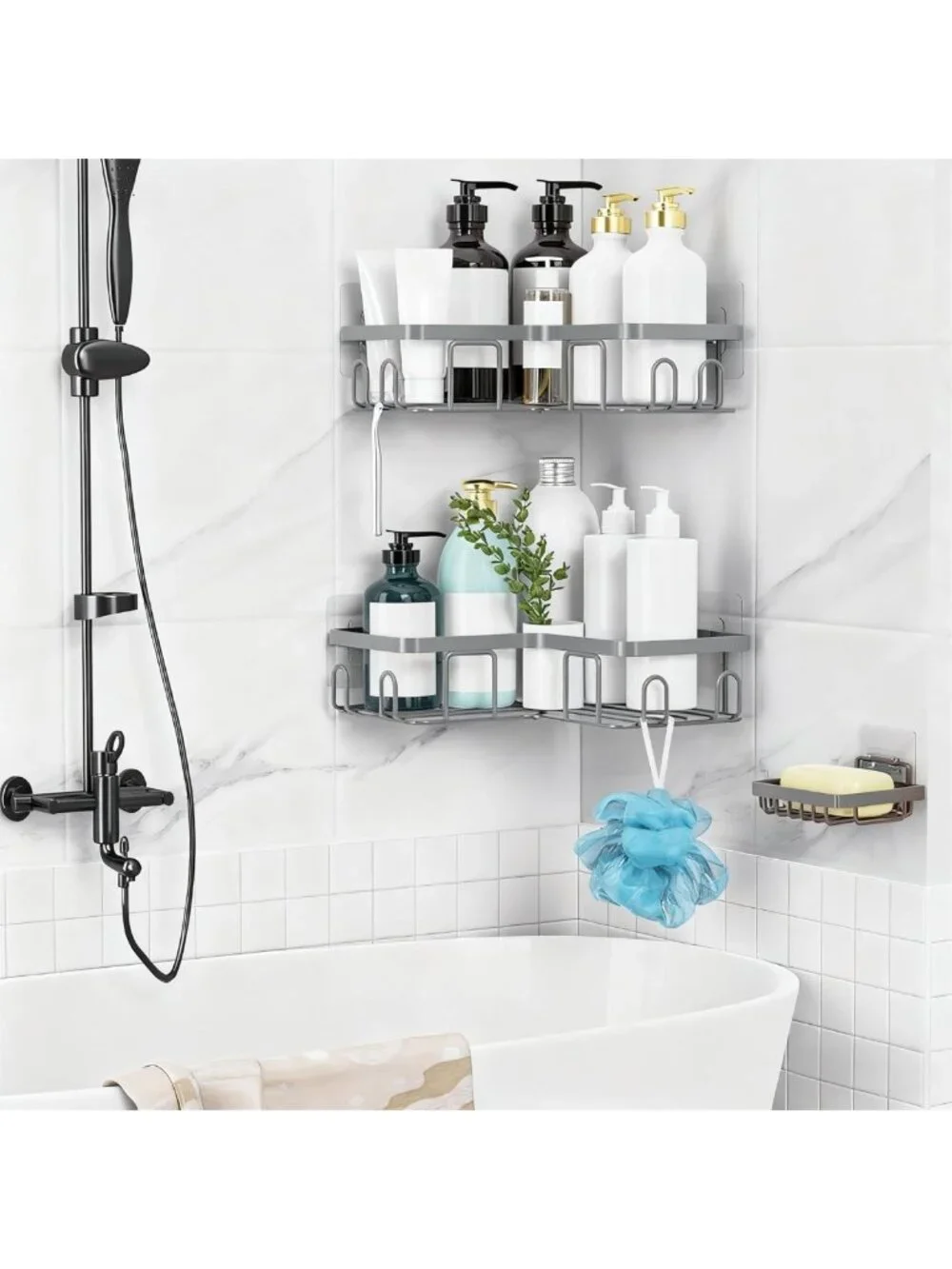 Stylish Corner Shower Caddy Organizer - Self-Adhesive Grey Bathroom Shelf